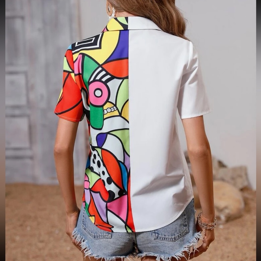 Boho Pop Art Color Block 2 Tone Short Sleeve Button Down Shirt Top Blouse Pink - Picture 5 of 8